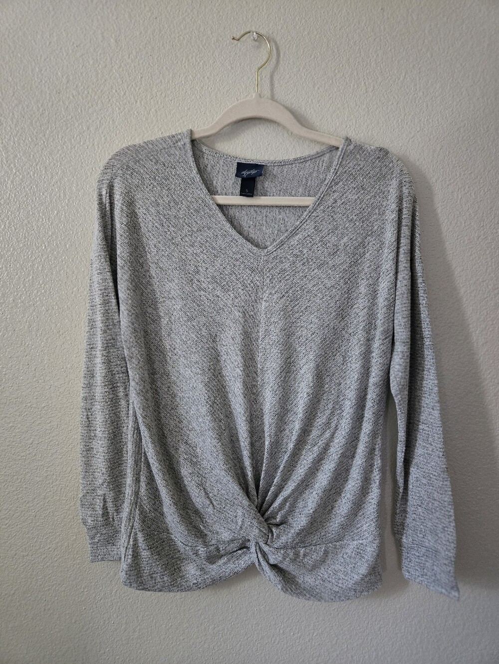 Gray V-Neck Knot Front Long Sleeve Top